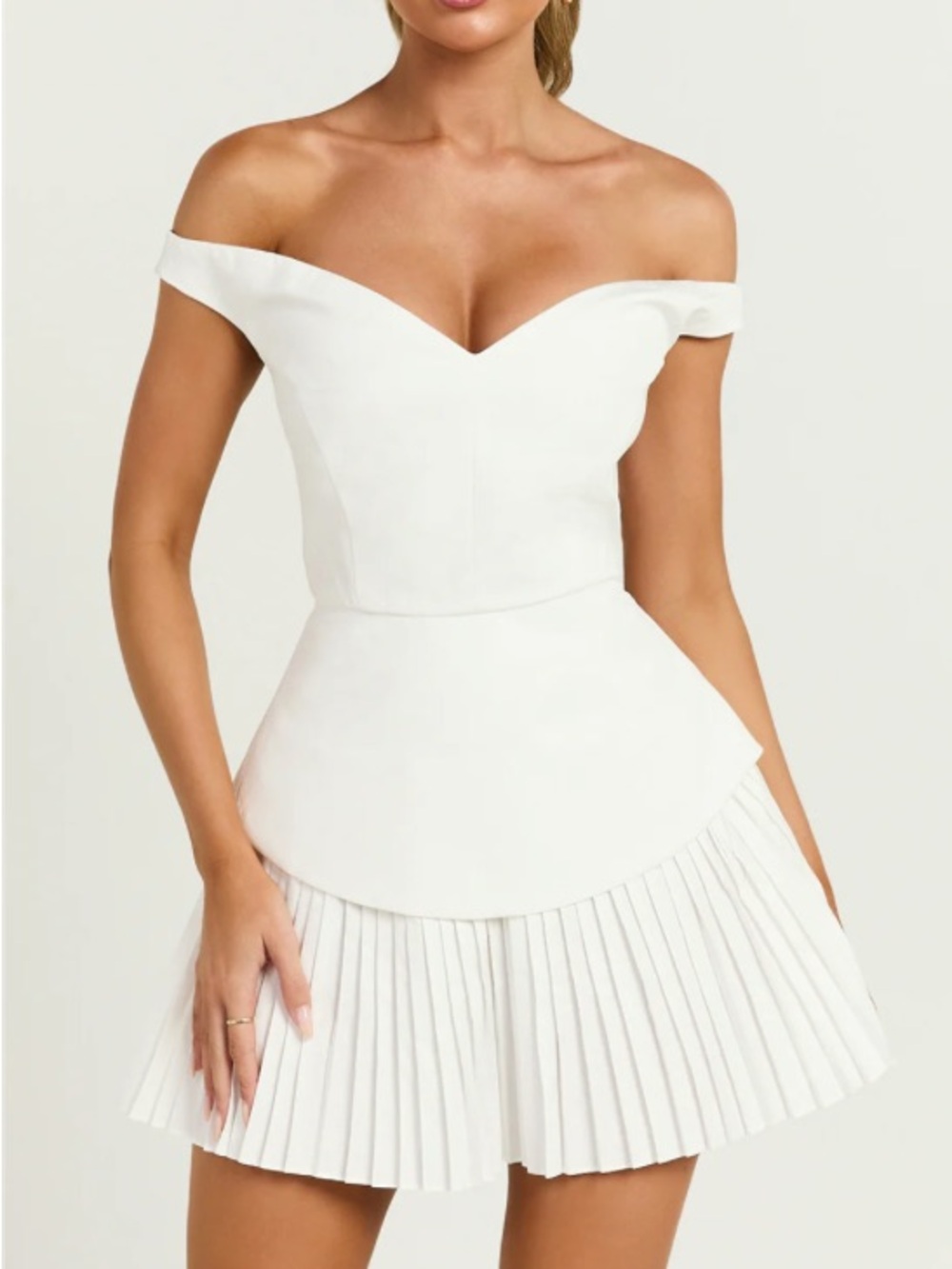 Showpo White Off-Shoulder Pleated Mini Dress